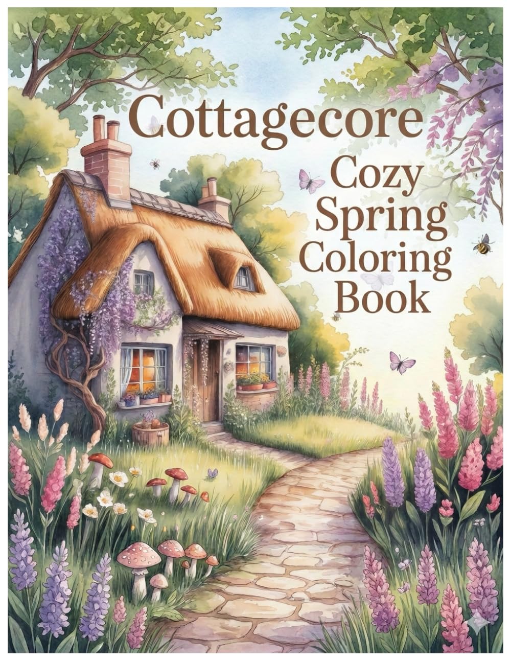 Cover von Cottagecore Coloring Book mit einem reetgedeckten Cottage, Wildblumen und Pilzen