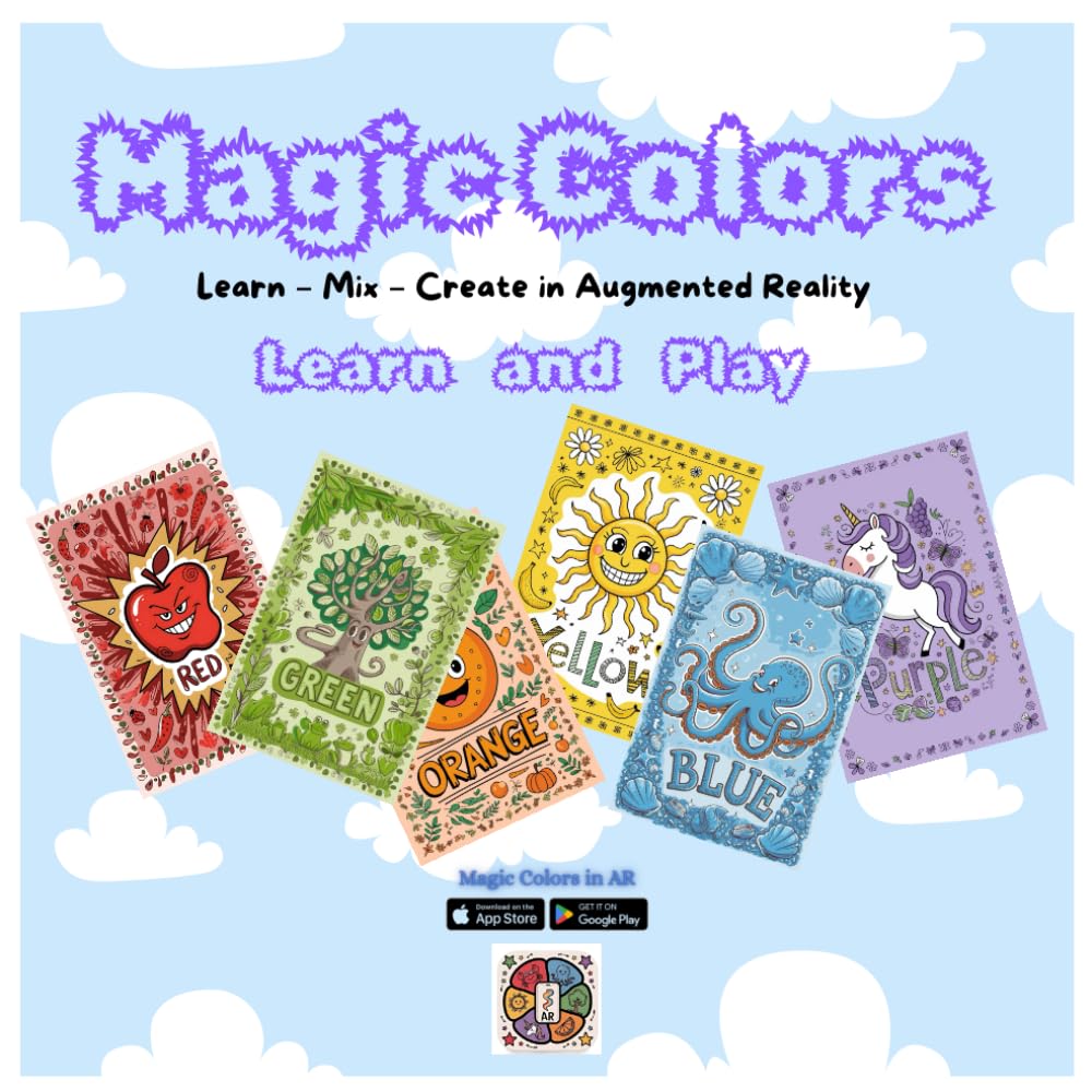 Cover von Magic Colors – Learn, Mix, Create in Augmented Reality mit sechs ausgemalten Farbseiten