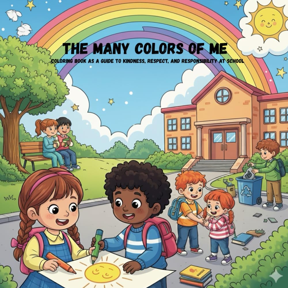 Cover von The Many Colors of Me mit Kindern vor einer Schule unter einem Regenbogen
